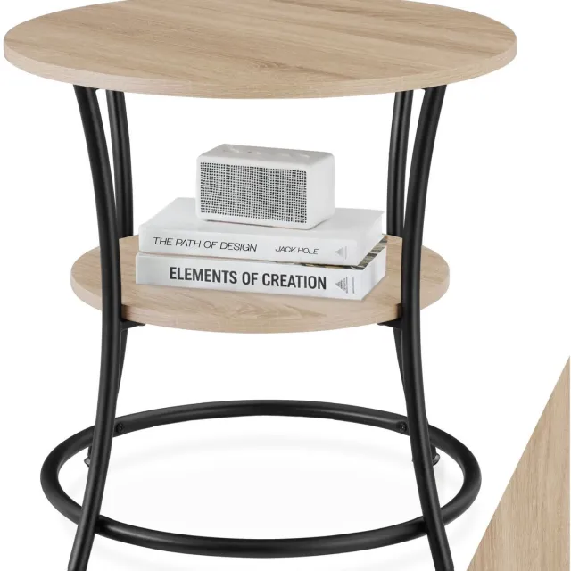 Tectake Ronde Bijzettafel – Salontafel met 2 Planken, Industrieel Design, Nachtkastje van Hout, Ø55x56 cm, Voor Woonkamer, Slaapkamer, Kantoor, Zwart Metalen Frame – Licht Sonoma Eiken Lichtbruin - Eiken Sonoma