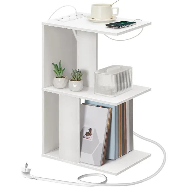 Vellaro Bijzettafel met laadstation - Wit - 38 x 28 x 62 cm - Spaanplaat met LED-sensorlicht - Voor Woonkamer en Slaapkamer