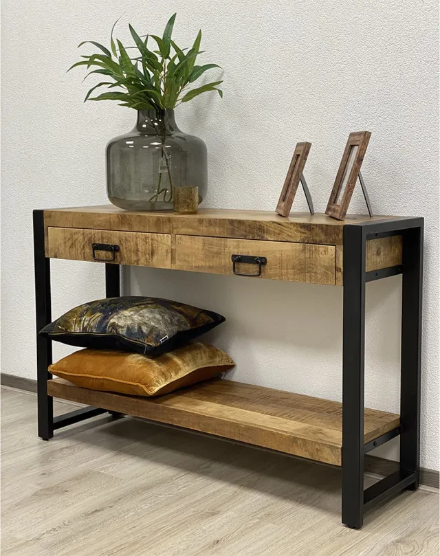 The Copperbarn Britt mangohouten sidetable 120 cm met 2 lades Multi