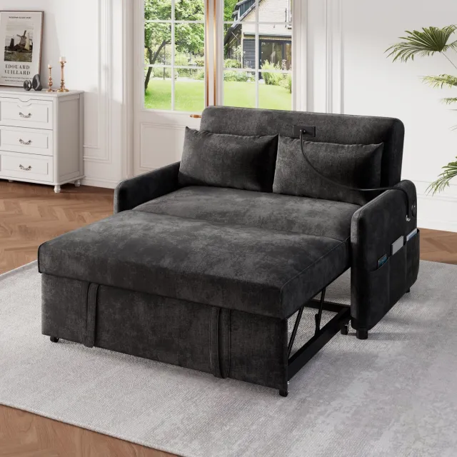 Zubaliya Uitklapbare 2-zits slaapsofa met USB-poort - chenille stof - verstelbare rugleuning 108°-180° - telefoonhouder - zijvakken - incl. 2 kussens Grijs