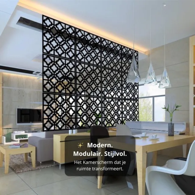 Whoopr® 24-delig Kamerscherm - Scheidingswand - Ruimteverdeler - Wandpanelen - Decoratie - Room Divider Screen - Woonkamer - Stevig & Flexibel - Duurzaam Kunststof - 24 stuks - Makkelijk Te Monteren - 40x40 cm per paneel - Zwart Zwart (24 stuks)