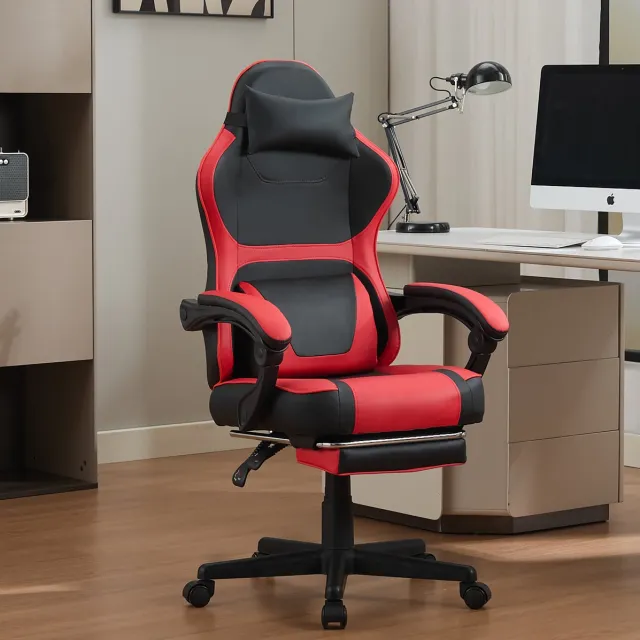 HAUSS SPOLE Gamingstoel - Ergonomisch Ontwerp Met Uitschuifbare Voetsteun En Dubbel Lendenkussen - Voor Thuiswerk En Ontspanning - Kunstleer Zwart Rood
