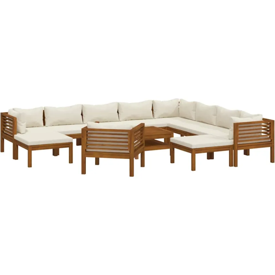 vidaXL 12-delige Loungeset met crèmekleurige kussens massief acaciahout