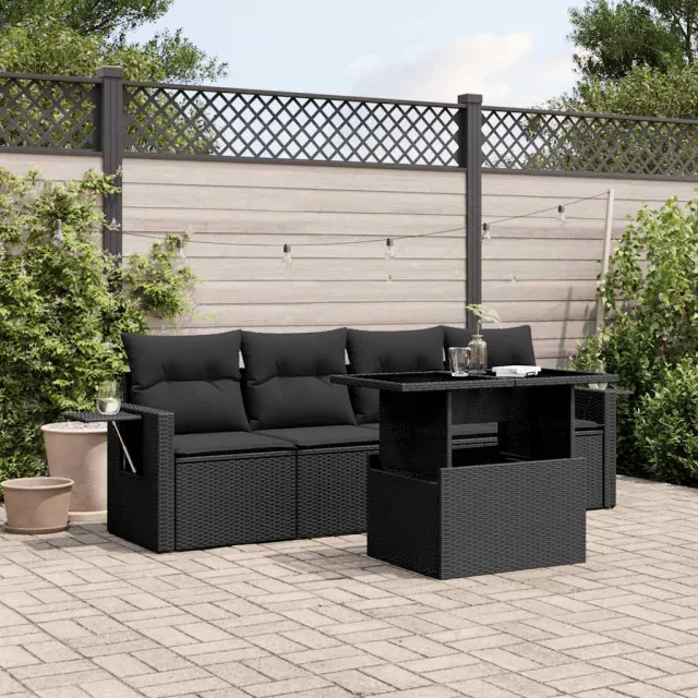 vidaXL 5-delige Loungeset met kussens poly rattan zwart, foto 2