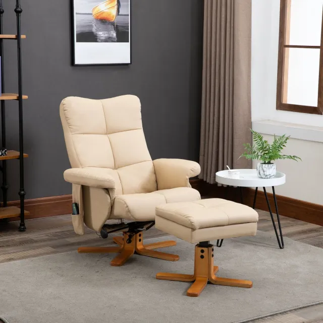 MODFU Massagestoel - 145° Verstelbaar - 360° Draaibaar - Met Hocker - Polyester - Crèmewit
