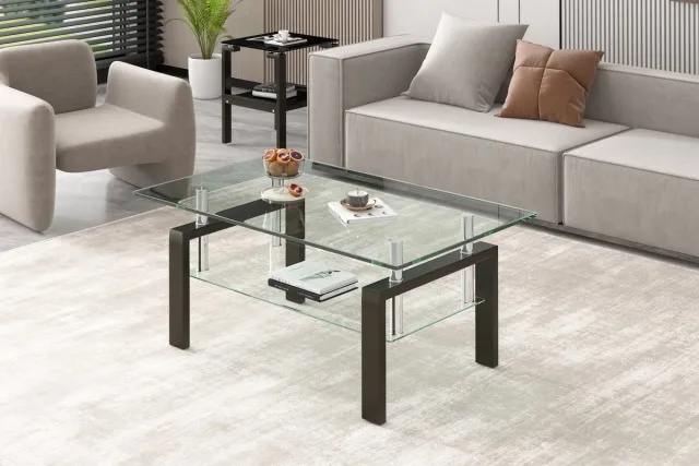 MODENUIT Salontafel - Dubbele Gelaagde Tafel Met Gehard Glas - Voor Woonkamer En Kantoor - Glas En Metaal - 100x60x44 Cm - Transparant Clear