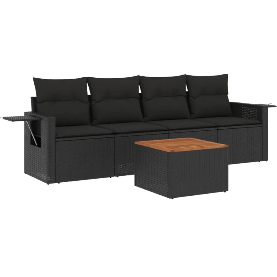vidaXL 5-delige Loungeset met kussens poly rattan zwart, foto 3