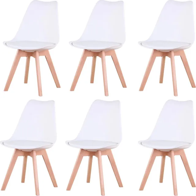 Hanimo Eetkamerstoelen Set Van 6 - Eetkamer Stoelen - Scandinavisch - Modern - Gewatteerde Zitting - Beukenhouten Onderstel - Wit