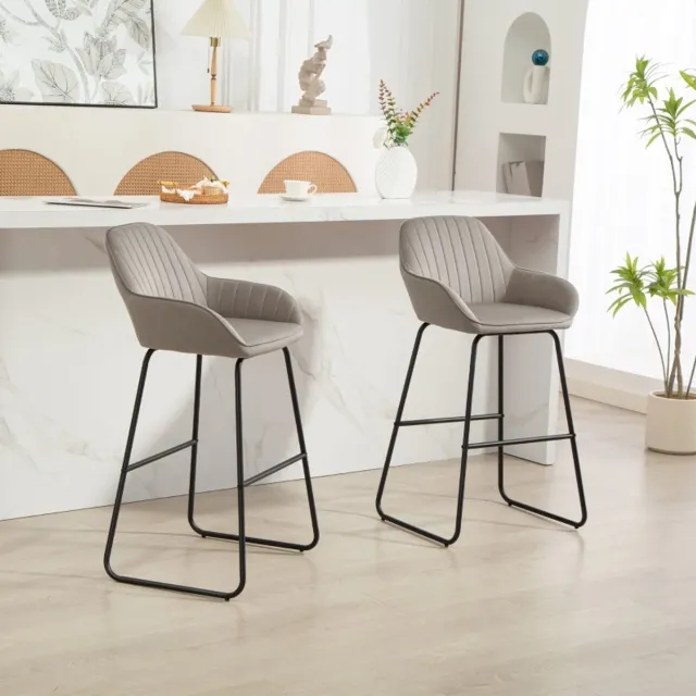 FloraGrace Barkruk Set Van 2 – Stoffen Bekleding Met Schuimvulling, Armleuningen En Voetensteun – Voor Keuken Eiland Of Bar – Metaal – Grijs