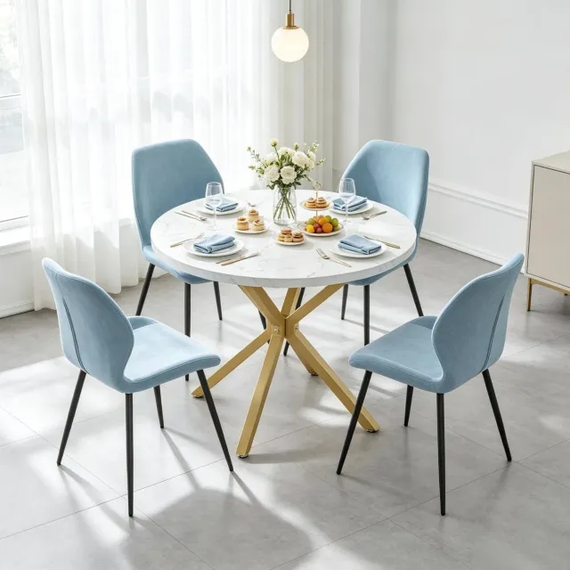 DESMIU Eettafel - Ronde Tafel met Marmerlook en Gouden Kruisframe - Voor Keuken en Eetkamer - Hout en Staal - 100 x 76,5 cm - Wit en Goud