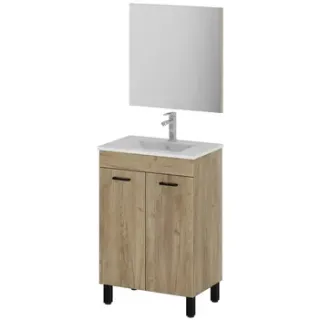AquaVive - Praxis Eigen Merk Aquavive Badmeubelset Semplicita 59cm - Eiken Gemelamineerd - Met Spiegel En Wastafel - Met 2 Deuren Hout