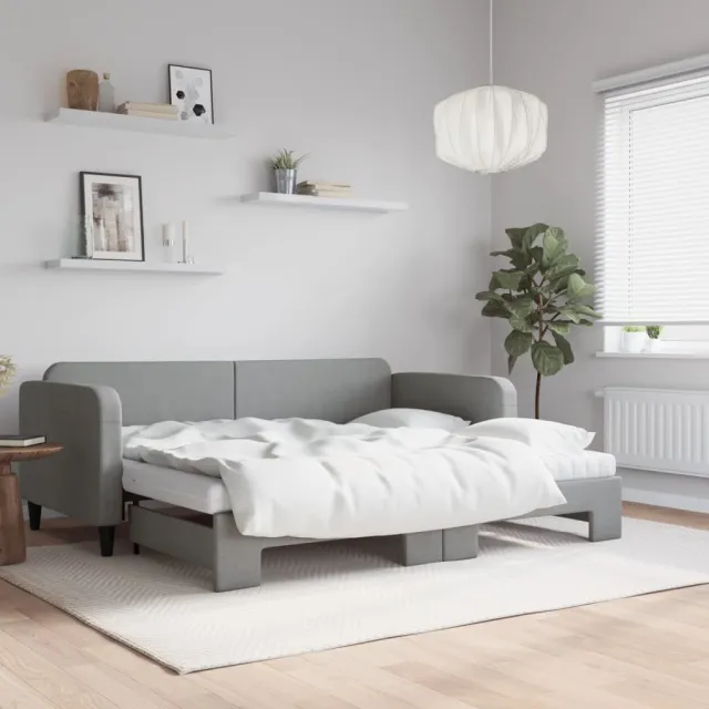 vidaXL Slaapbank onderschuifbed en matrassen 90x200 cm stof lichtgrijs grijs