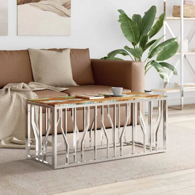 vidaXL Salontafel roestvrij staal en massief gerecycled hout zilver, foto 2