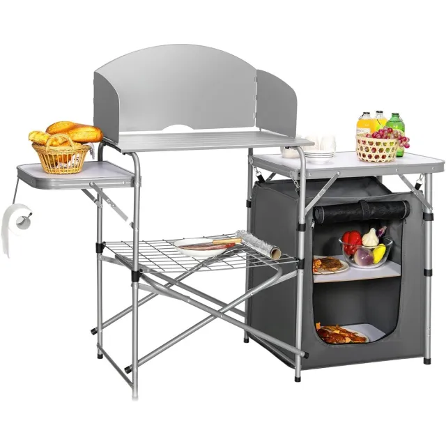 KOMFOTTEU Opvouwbare campingkeuken, campingkast met aluminium frame, reiskeuken met plank, windscherm en draagtas, tentkast voor picknick, reizen, strand, grijs