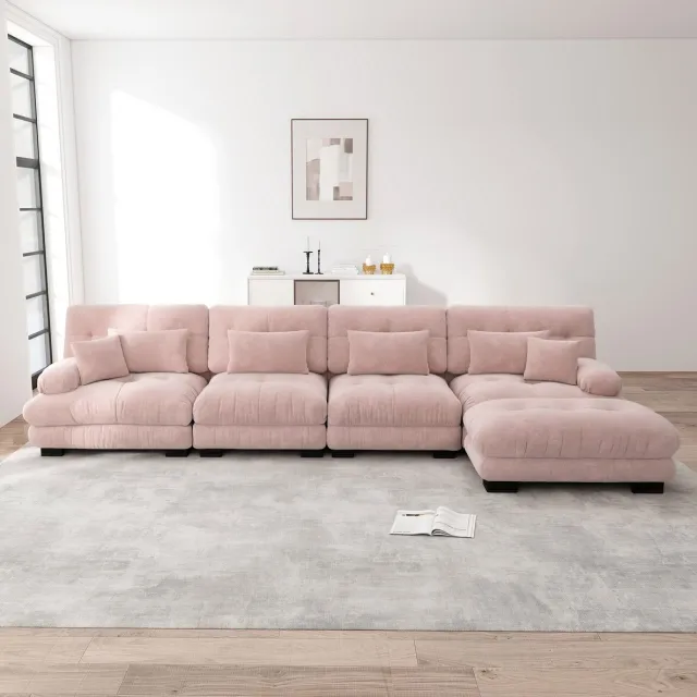 MIVRAY Hoekbank 406 x 145 cm - Modulaire 4-Zits Bank Met Verplaatsbare Ottoman - Voor Woonkamer - Chenille Roze