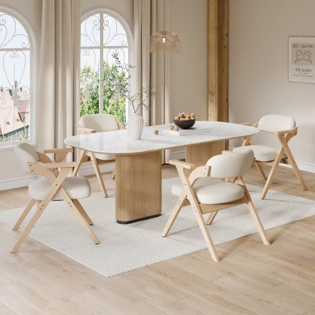 Zubaliya 4 Vouwstoelen Voor Eetkamer - Massief Houten Stoelen Met Linnen Zitvlak - Beige