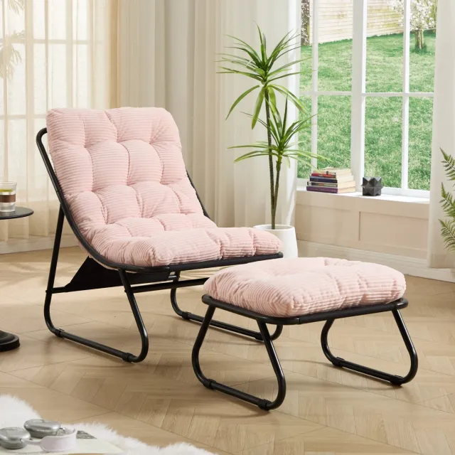 DESMIU Fauteuil 65 X 78 X 86 Cm - Met Hocker En Zacht Ribstof Kussen - Voor Woonkamer Slaapkamer En Buiten - Staal En Stof - Roze