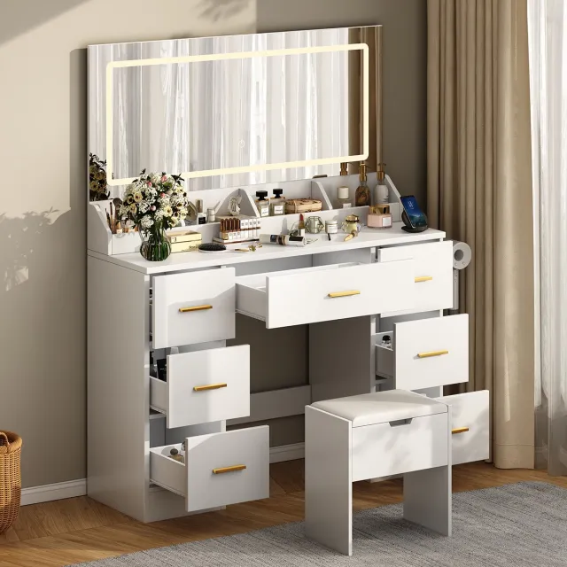 Mihtrov Kaptafel - Make Up Tafel - Inclusief Krukje - Groots Spiegel met LED Verlichting - Met Stopcontacten - USB-poorten & Type C - 3 Lichtkleuren - 7 Laden en 4 Opbergvakken - Eenvoudige Montage - 138H x 116L x38B cm - Wit