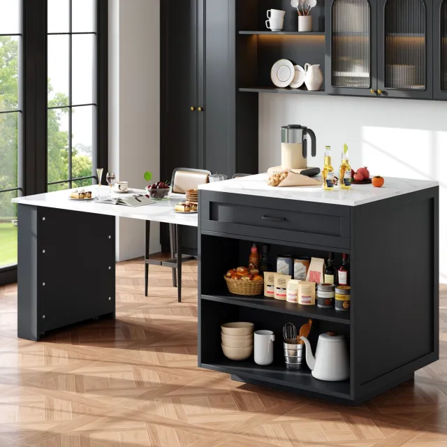 WUVRIE Uitschuifbare bartafel 133-202x70x93,5 cm - Met opbergruimte en marmerlook blad - Zwart/wit