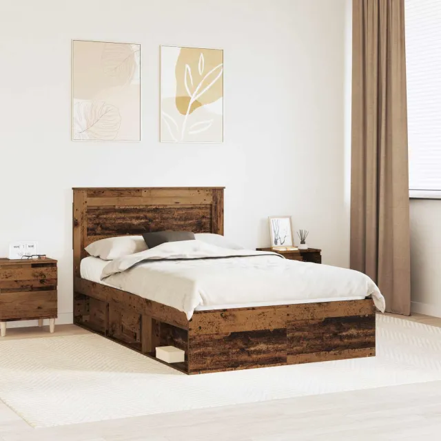 vidaXL Bedframe met hoofdeinde Oudhout 135 x 190 cm Massief grenenhout Bruin