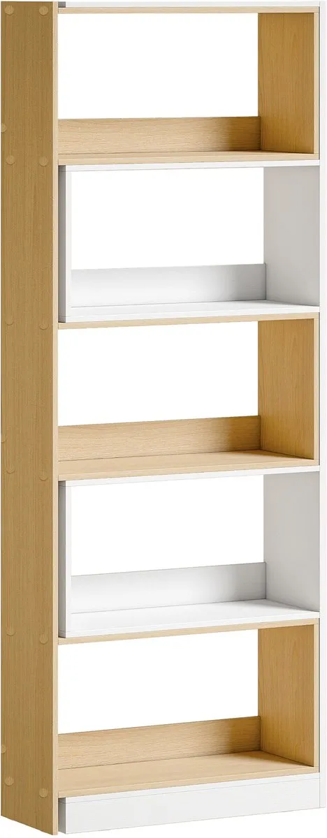Ropilly Boekenkast - Modulaire Boekenkast In L-Vorm - Open Boekenkast Met Vijf Legplanken - Voor Woonkamer, Werkkamer - Eiken-Wit Spaanplaat Natuurlijk + Wit