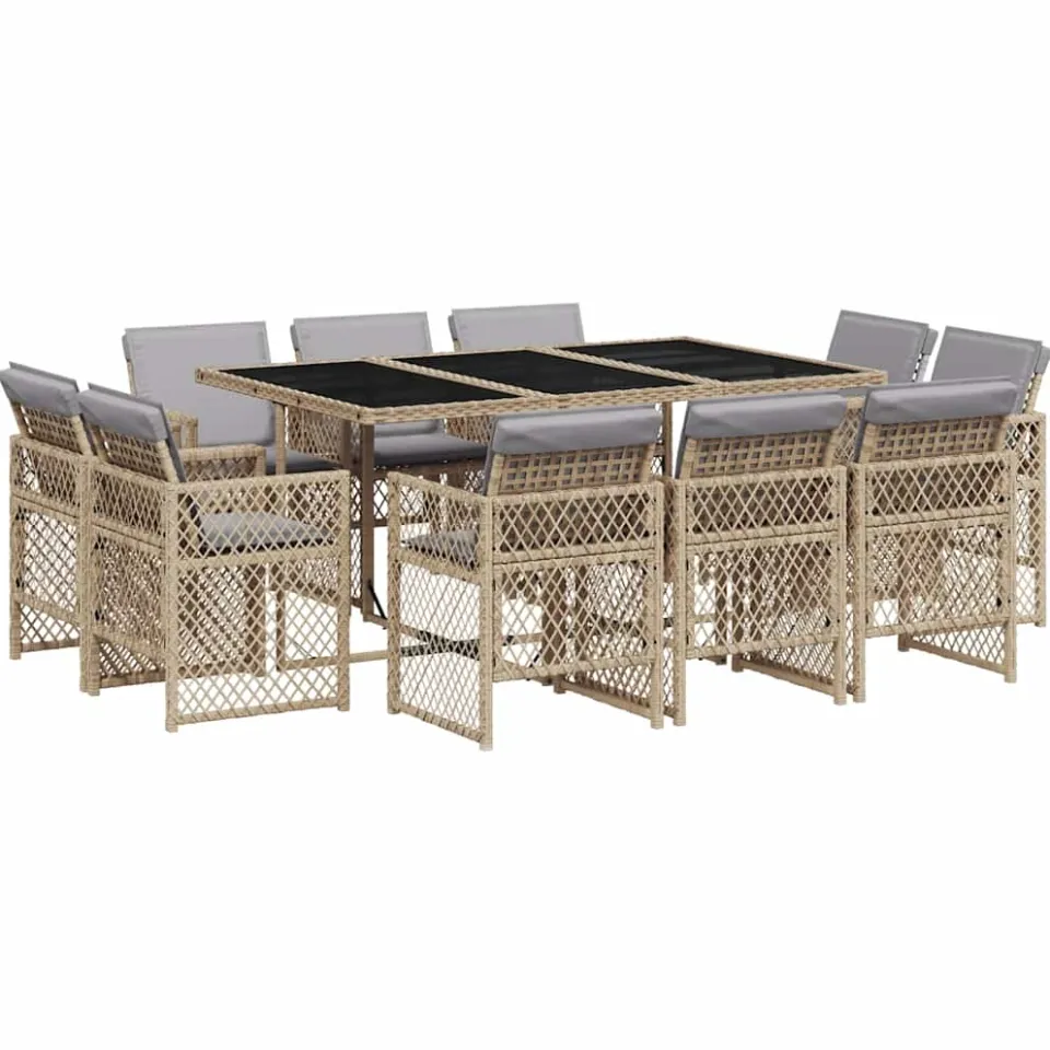 vidaXL 11-delige Tuinset met kussens poly rattan gemengd beige
