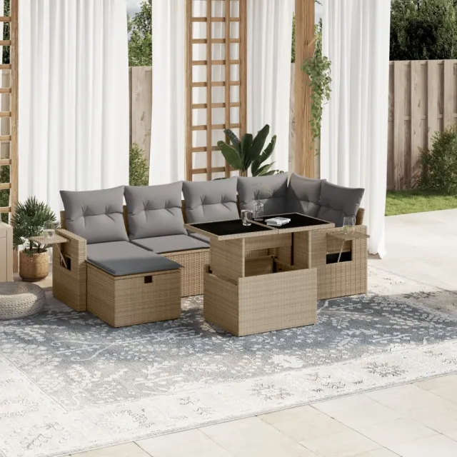 vidaXL 7-delige Loungeset met kussens poly rattan beige, foto 2