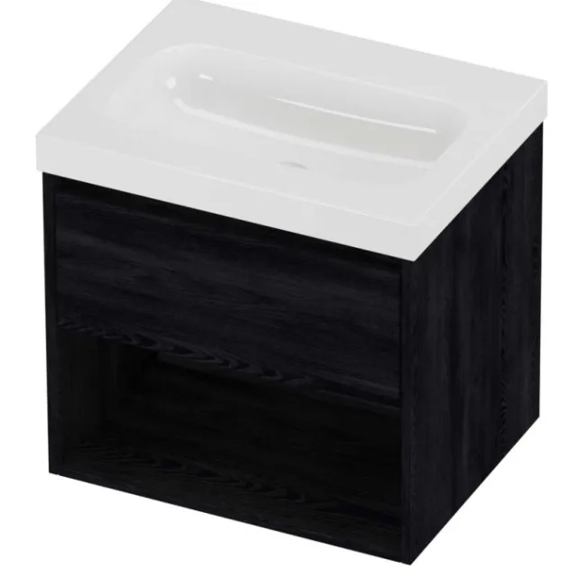 Proline Haga Badmeubelset Polystone Mezza Schap 60x46x58 cm Glans Wit Black Oak Eiken