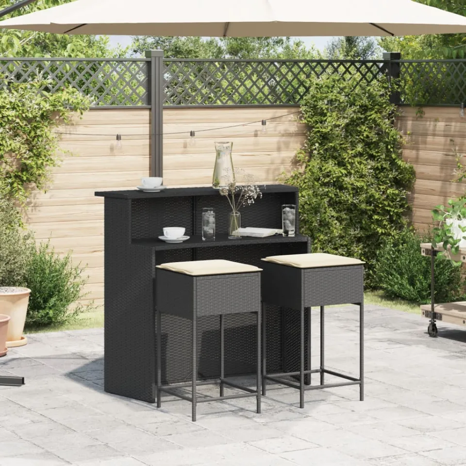 vidaXL 3-delige Tuinbarset met kussens poly rattan zwart, foto 3