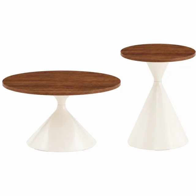 Ropilly Ronde salontafel set van 2 - Walnoot look tafelblad - MDF en metaal - Woonkamer - Walnoot en crèmewit Notenhout