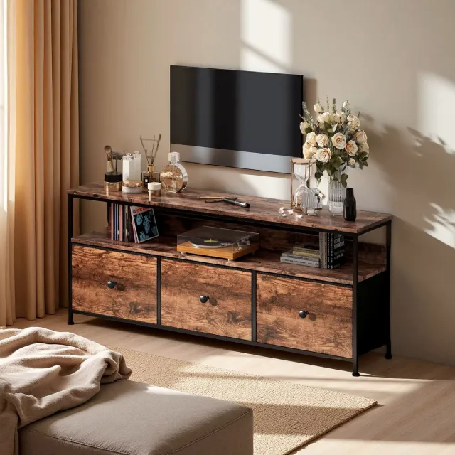 Venzor TV‑meubel 108 cm – 3 Stoffen Lades, Open Planken & LED‑Verlichting – Industrieel Dressoir met Metaal & E1‑Spaanplaat – Tijgerhuid Design Tijgerhuid/Zwart