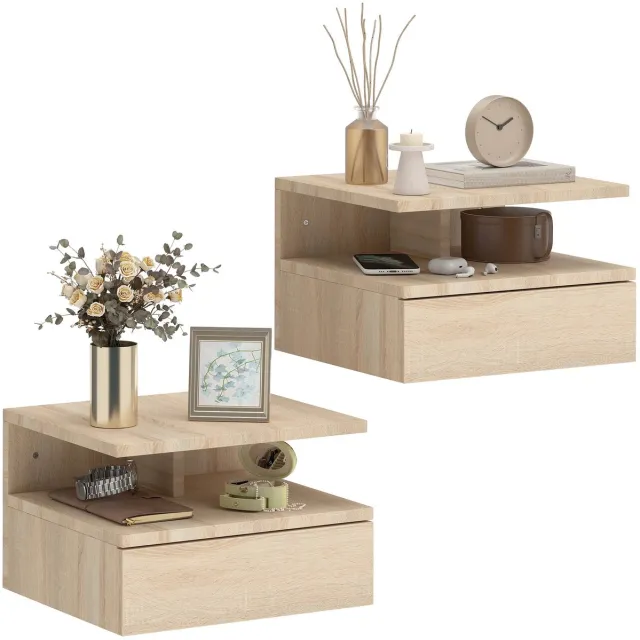 HomeGoodies Zwevende nachtkastjes - Hangende nachtkastjes - Set van 2 - Met schuiflade, open vak, dienblad - Bruin