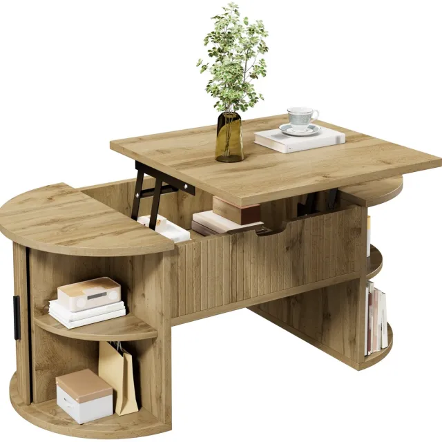 Merax In Hoogte Verstelbare Salontafel Met Opbergruimte - 100 x 50 x 40,5 cm - Ovale Salontafel Met Schuifdeuren En Open Vakken - Eikenkleur Bruin