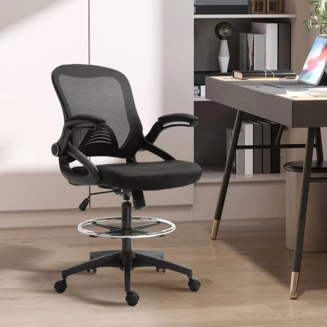 MEUNIQ Bureaustoel met voetsteunring en opklapbare armleuningen, draaibare bureaustoel met verstelbare zithoogte 64 x 60 x 106-126 cm, zwart Black