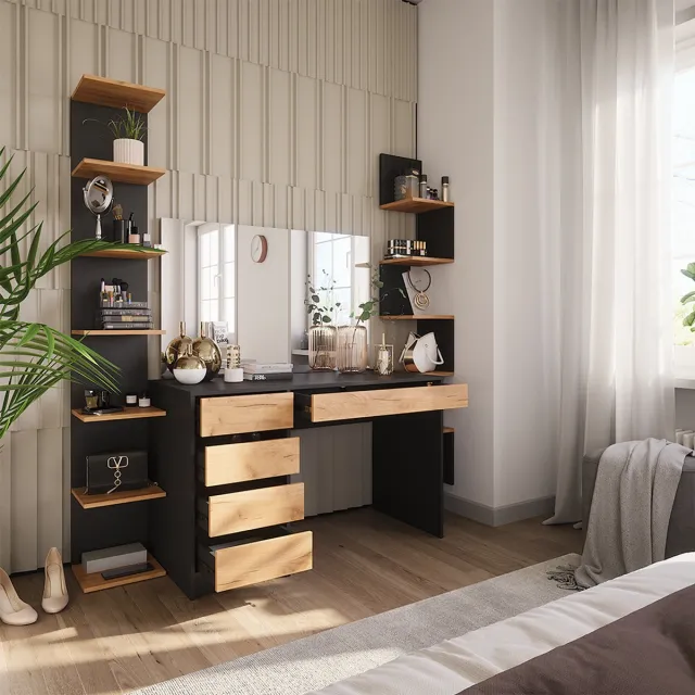 Vicco Kaptafel Sherry, Antraciet/Goudkleurig Eiken, 120 x 145 cm met spiegel
