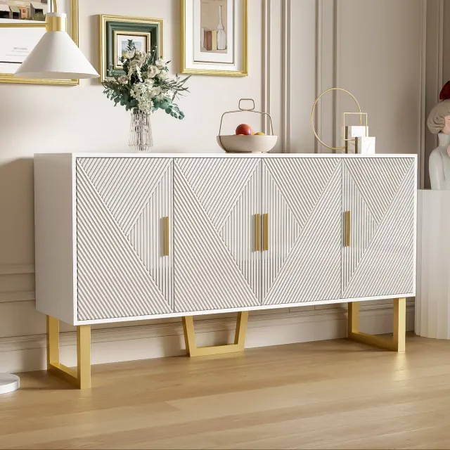 REDOM Sideboard 150 cm wit – modern luxe, hoogglans deuren met structuur, 4-deurs met verstelbare planken, matte gouden poten White
