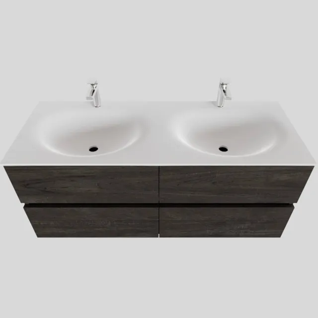 Boss & Wessing Badkamermeubel Solid Surface BWS Stockholm 120x46 cm Dubbel Wood Dark Brown 4 Laden (2 kraangaten) Houtlook