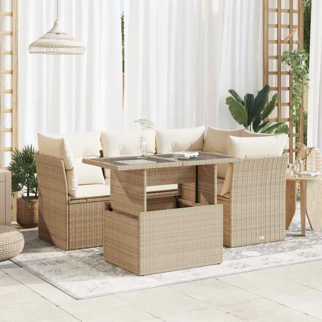 vidaXL 5-delige Loungeset met kussens poly rattan beige, foto 2