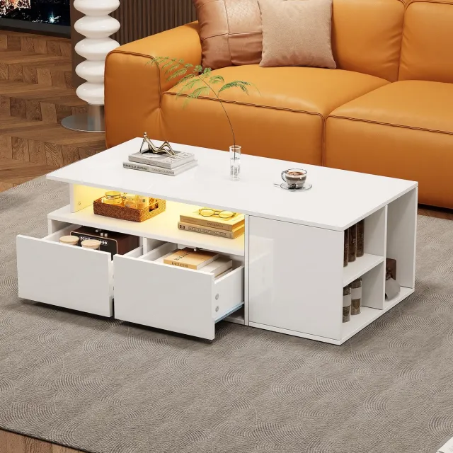 Lemlit Salontafel - 100x50x35 cm - LED-verlichting - Salontafel voor de woonkamer - Bijzettafel met 2 lades - Veel opbergruimte - Modern - Wit