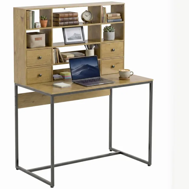 Homcom Bureau - Met vier laden en verstelbare planken - Computertafel - Werkplek - Naturel Naturel hout, zwart