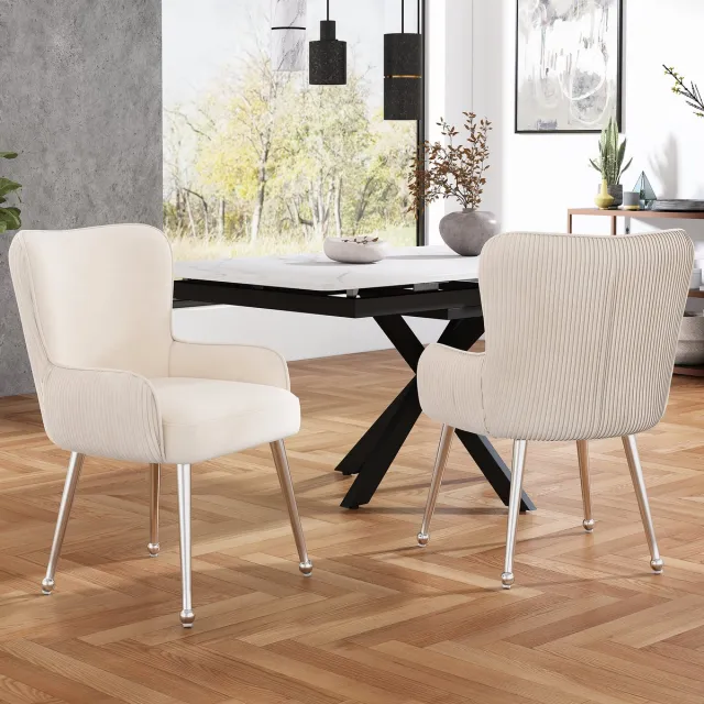 Clruro Eetkamerstoel - 2-delig set - fluwelen luxe lounge stoel met armleuning en verstelbare voeten lendensteun - woonkamer slaapkamer lounge - fluweel - beige / zilver