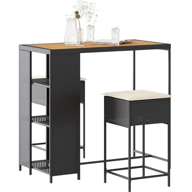 vidaXL 3-delige Tuinbarset met kussens poly rattan zwart, foto 2
