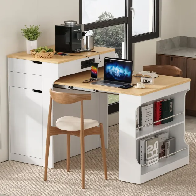 DESMIU Eettafel Keukeneiland Met Wielen En Stopcontact - Uitbreidbaar Met Lades En Opbergruimte - Wit Houtlook - 153x80x93 Cm