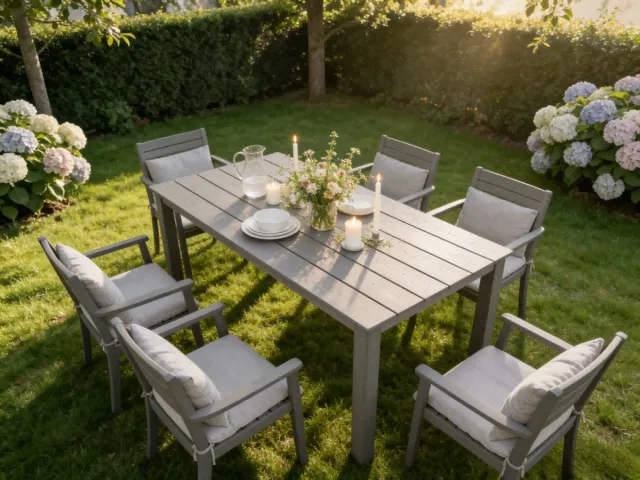 NJLyuhome OUTDOOR - Allweer eettafel - met paraplugat - HIPS - weerbestendig - onderhoudsvriendelijk lichtgrijs