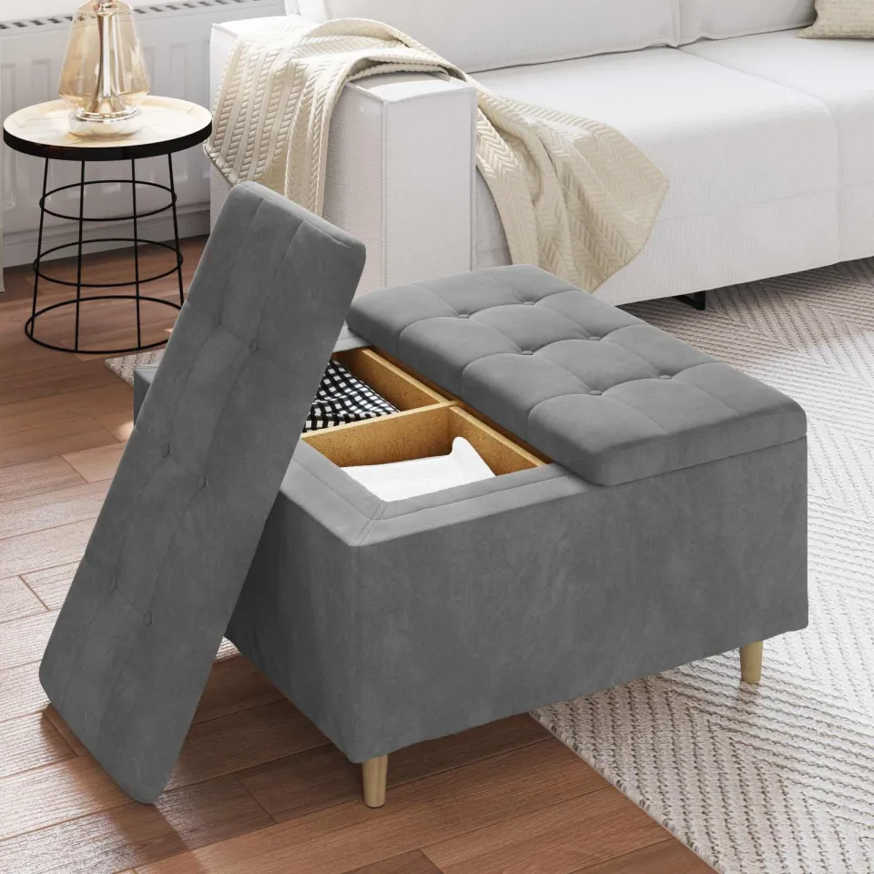 vidaXL Ottoman met Opbergruimte Donkergrijs 80 x 80 x 45 cm Fluweel grijs, foto 4