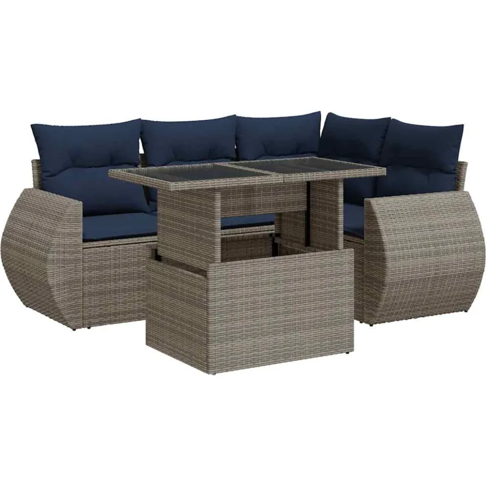 vidaXL 5-delige Loungeset met kussens poly rattan acacia grijs, foto 3