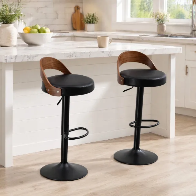 MEUNIQ 2-delige set barkrukken 360° draaibaar en hoogteverstelbaar, met rugleuning, PU zitting, metalen onderstel en voetensteun, voor keuken, bar en woonkamer, zwart