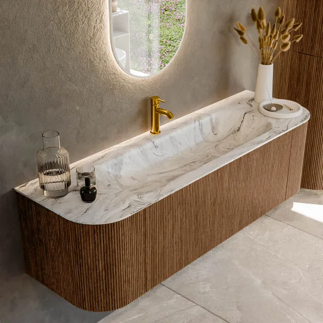 Mondiaz KURVE-DLUX 150 cm Onderkast Greeploos 1 Lade Met Deuren Walnut, Wastafel Solid Surface Midden Glace 1 Kraangat Zonder Spiegel (KRVBGM150L+R1L2D1KM-Wal/Gla)