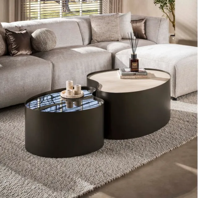 Meubelplaats Salontafel Metal organisch set/2 - 3D keramiek travertin Naturel