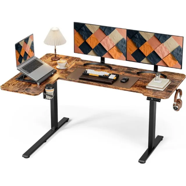 Acrolix Elektrisch in hoogte verstelbaar bureau, 150 x 100 cm, verstelbare tafel met bekerhouder en haak, vintage bruin